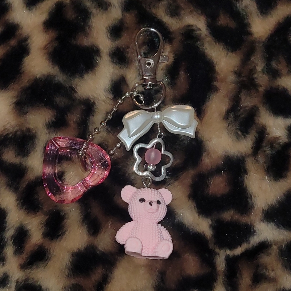 Pink Teddy Bear Phone Keychain with Heart and Bow